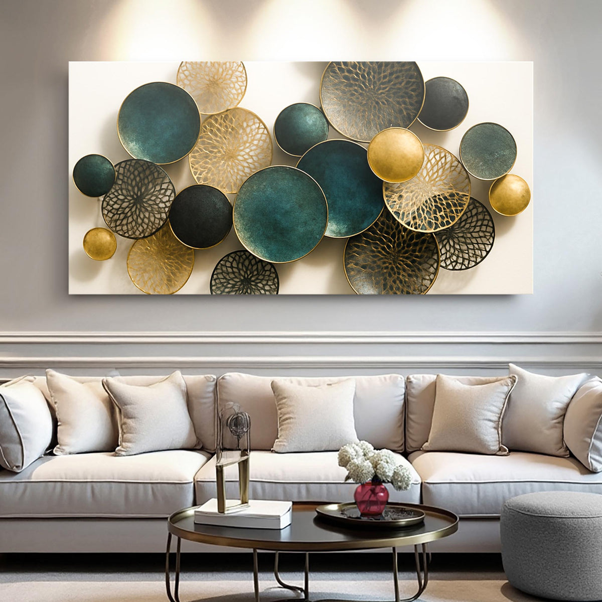 Lotus leaf abstract canvas wall art above a sofa