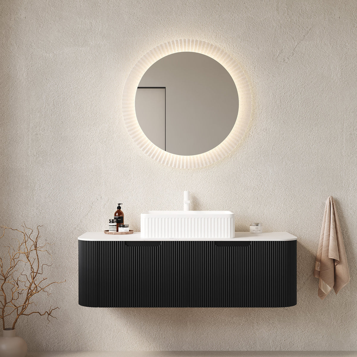 48" Bathroom Vanity with Ceramic Sink and Floating Striped Cabinet - Light Wood