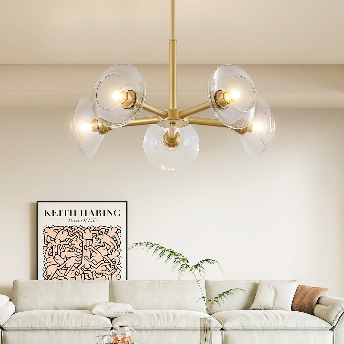 Modern Gold 5-Light Sputnik Chandelier with Clear Glass Shades - 26"
