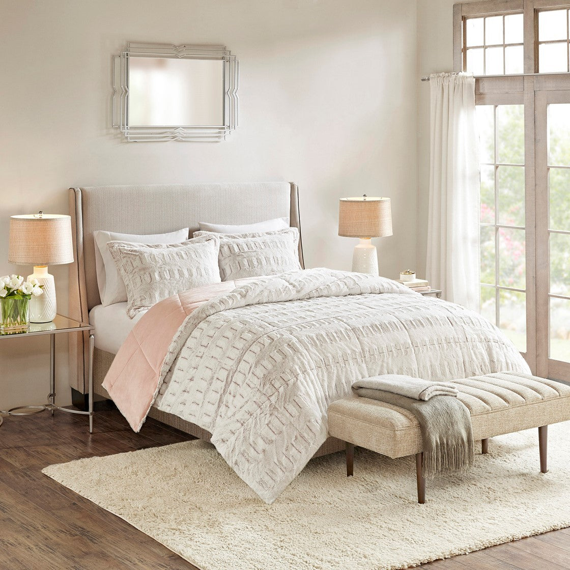 King/Cal King Faux Fur Comforter Mini Set with Hypoallergenic Fill - White
