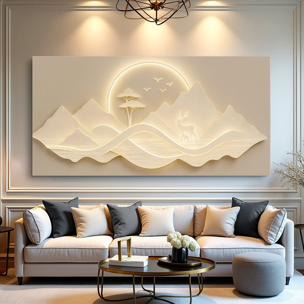 Modern Mountain canvas print in a styled merchant room photograph; not a scale guide
