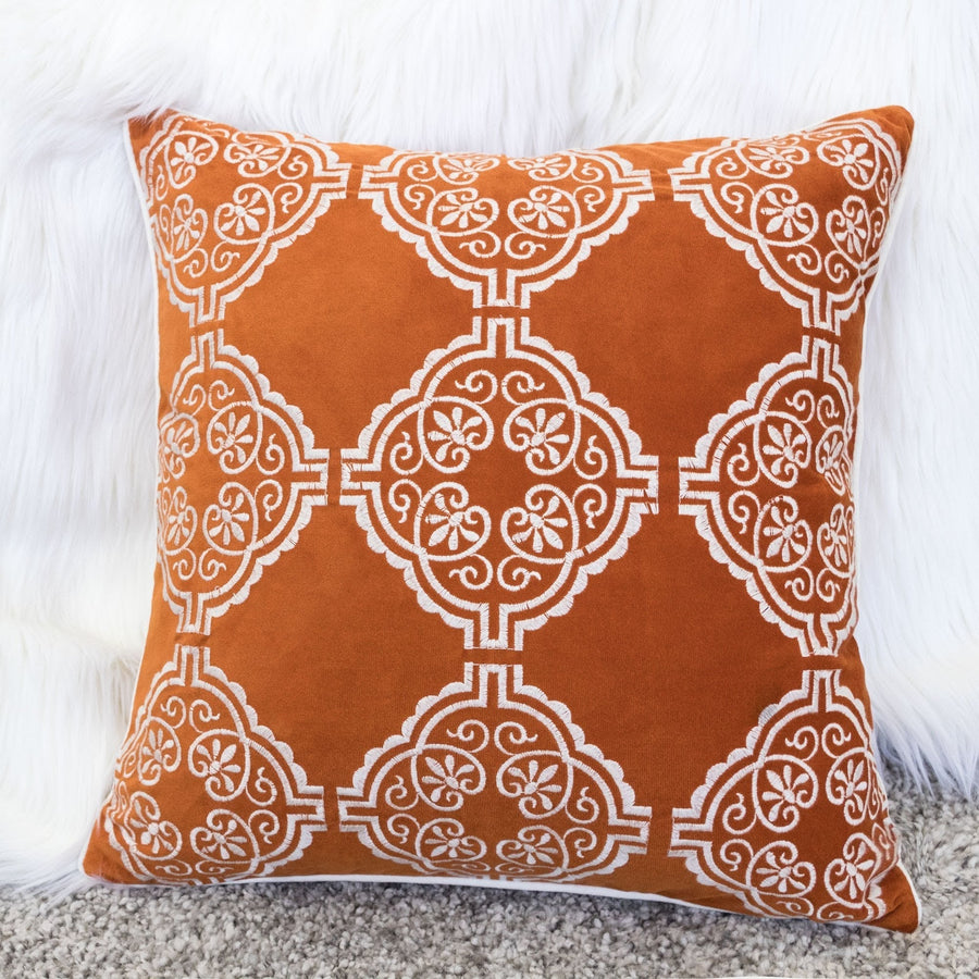 Burnt Orange Damask Embroidered Throw Pillow with Velvet Finish - Burnt Orange