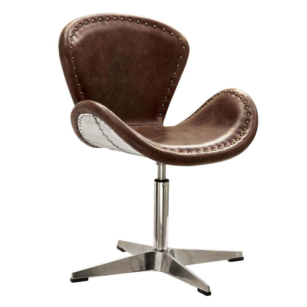 Brancaster - 33" Accent Chair With Swivel - Retro Brown Top Grain Leather & Aluminum
