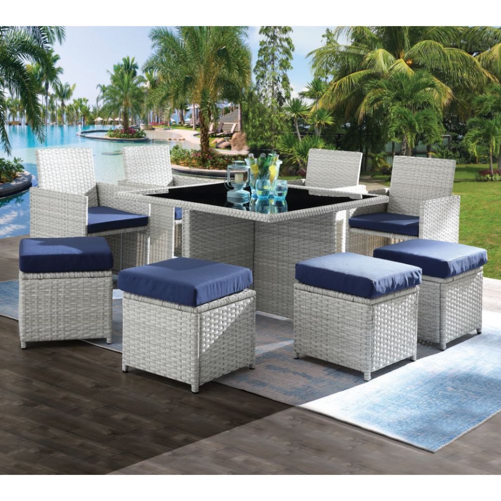 Paitalyi - 9 Piece Bistro Set - Blue Fabric & Wicker
