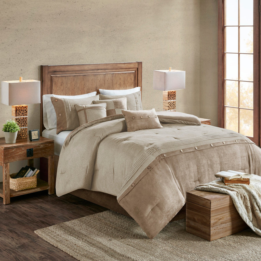 Tan Faux Suede King Comforter Set with Hypoallergenic Filling - 7 Piece