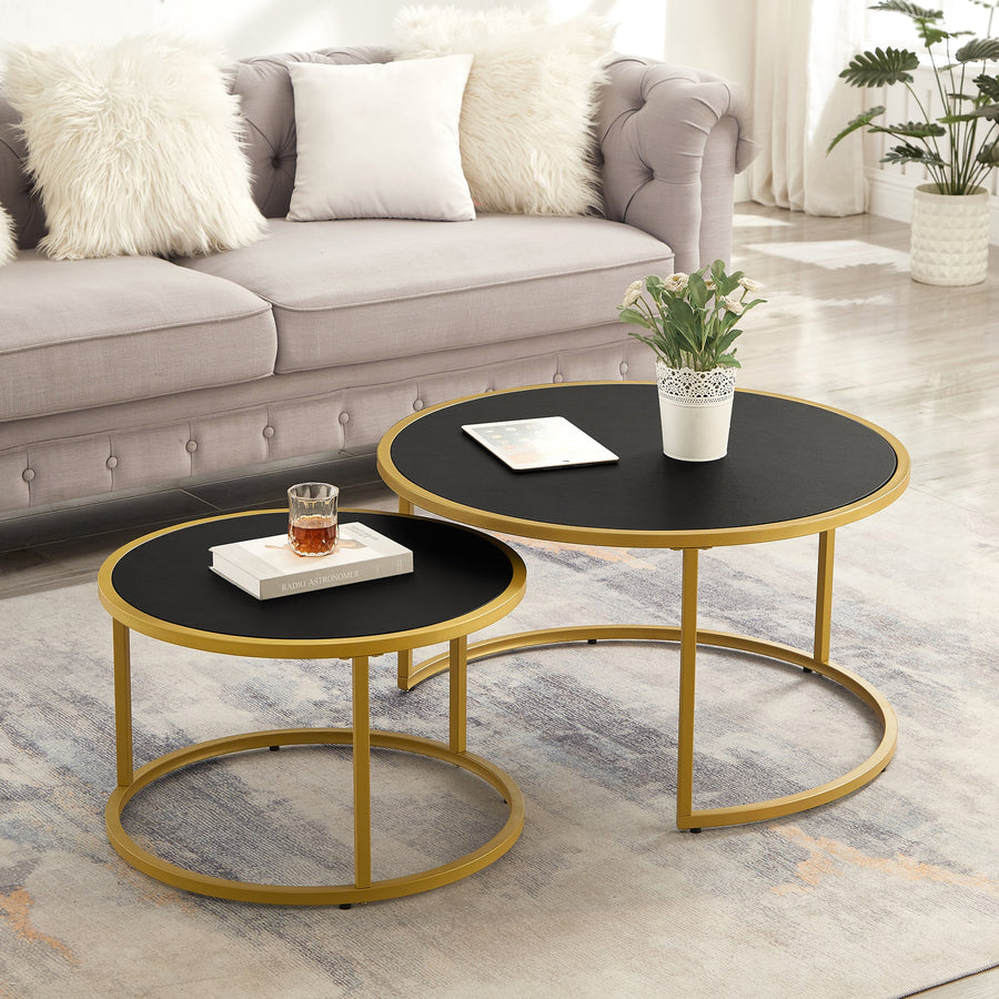 Modern Faux Leather Nesting Round Coffee Table Set of 2 with Golden Metal Base