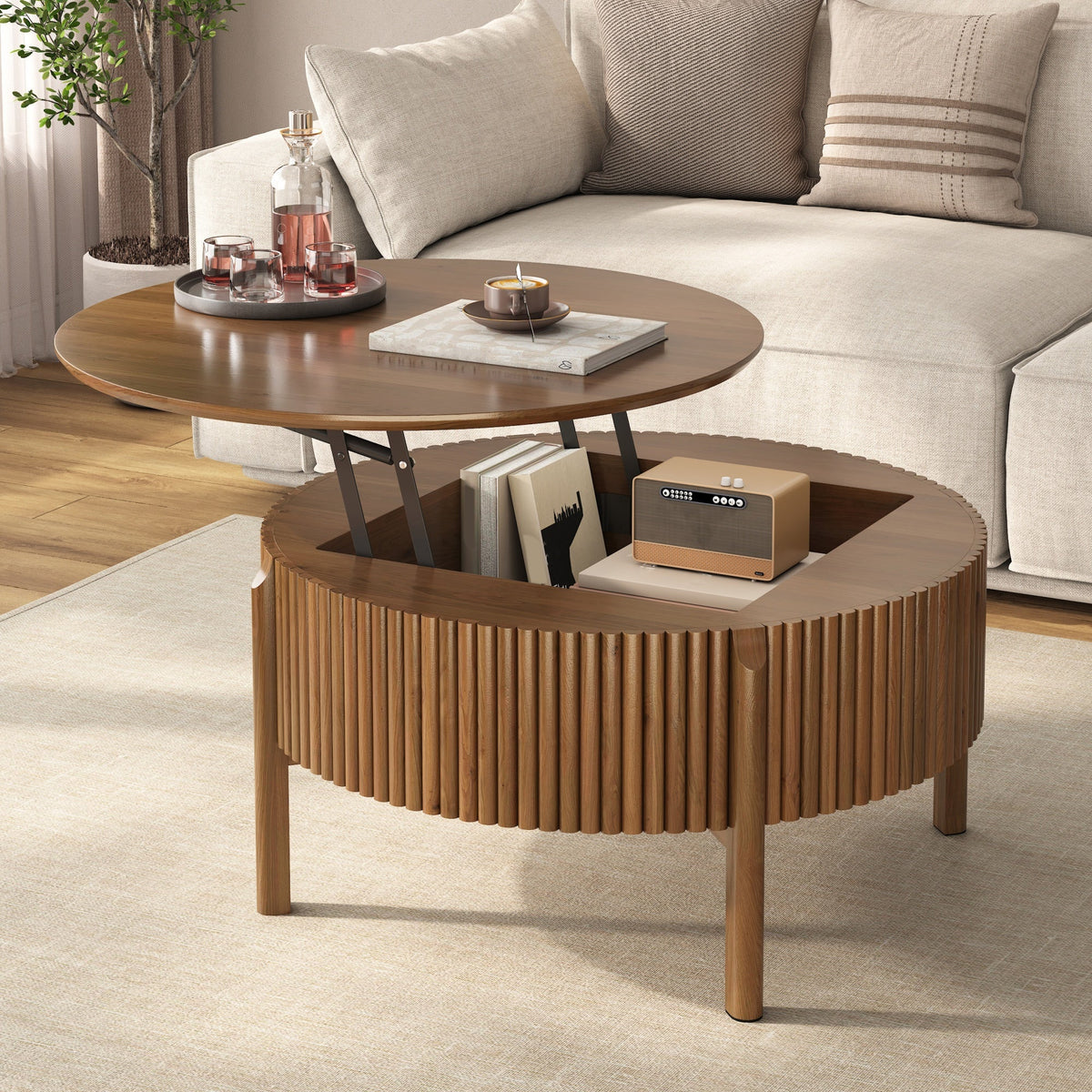 Round Lift Top Coffee Table with Hidden Storage - Solid Wood, Modern Farmhouse