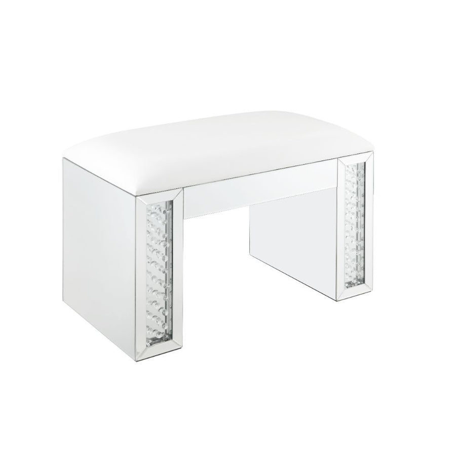 Nysa - Vanity Stool - Ivory Synthetic Leather , Mirrored & Faux Crystals