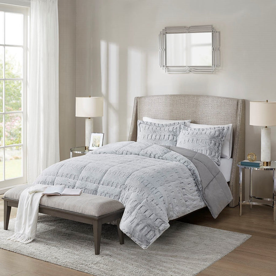 Full/Queen Back Print Long Fur Comforter Mini Set with Reversible Faux Fur - Grey