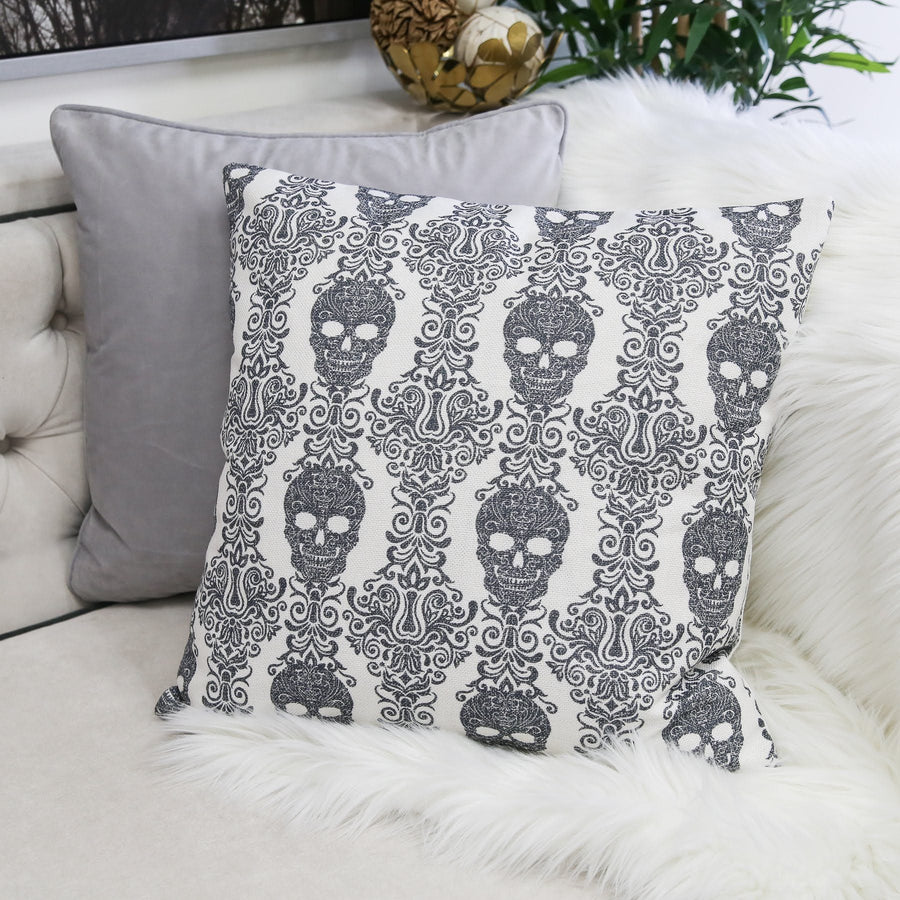 Gothic Damask Skull Throw Pillow Cover with Hidden Zipper - Black & White Cotton Linen