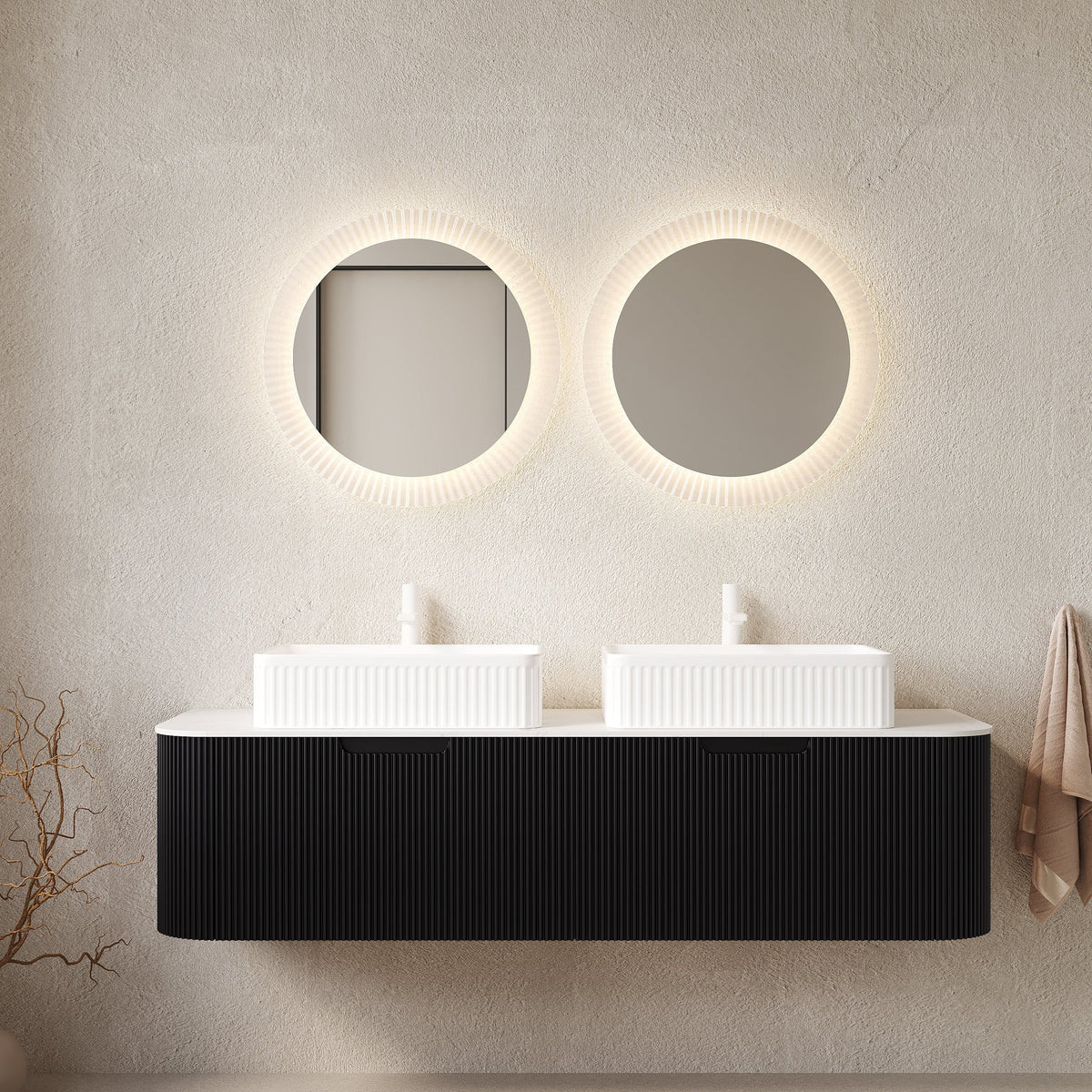 Dina 60" Bathroom Vanity with Curved Edges and Double Sinks - Black and White