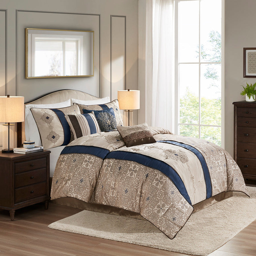 Cal King 7 Piece Jacquard Comforter Set with Throw Pillows