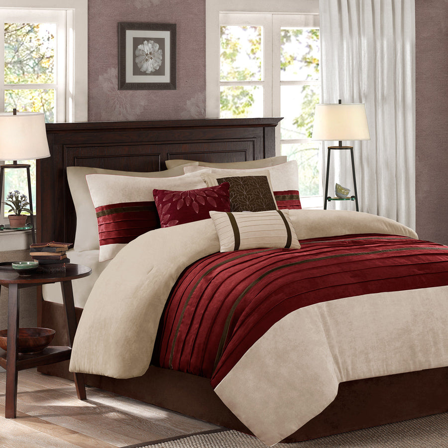 Red Faux Suede Comforter Set with Hypoallergenic Fill - King, 7 Pieces