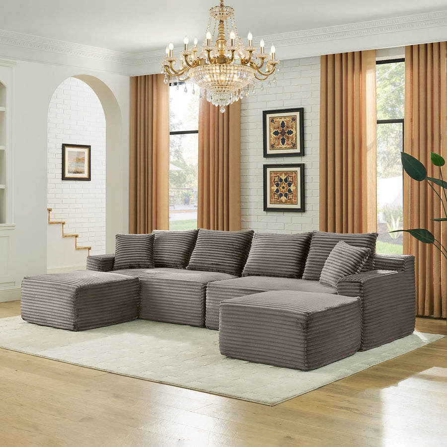115" U-Shaped Sectional Couch with Plush Boneless Corduroy - Brown