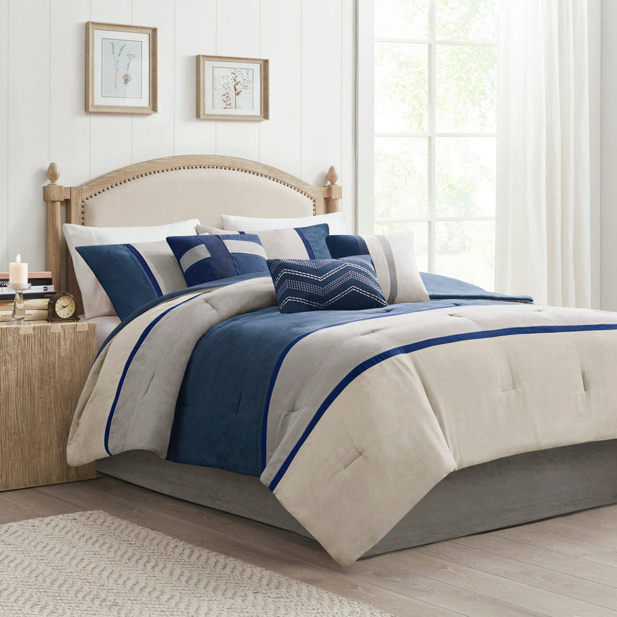 Blue Faux Suede 7 Piece Comforter Set with Coordinated Pillows - California King