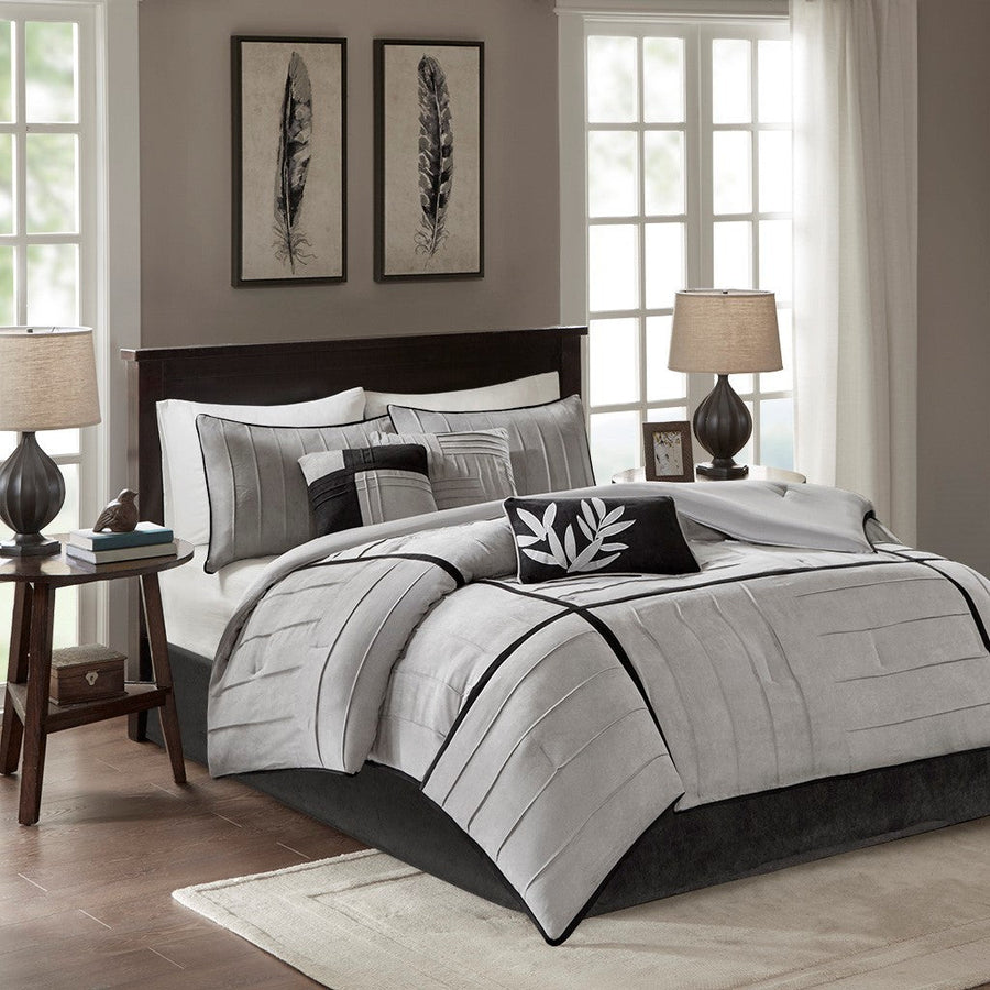 Grey 7 Piece Faux Suede Comforter Set with Pintuck Design - Full
