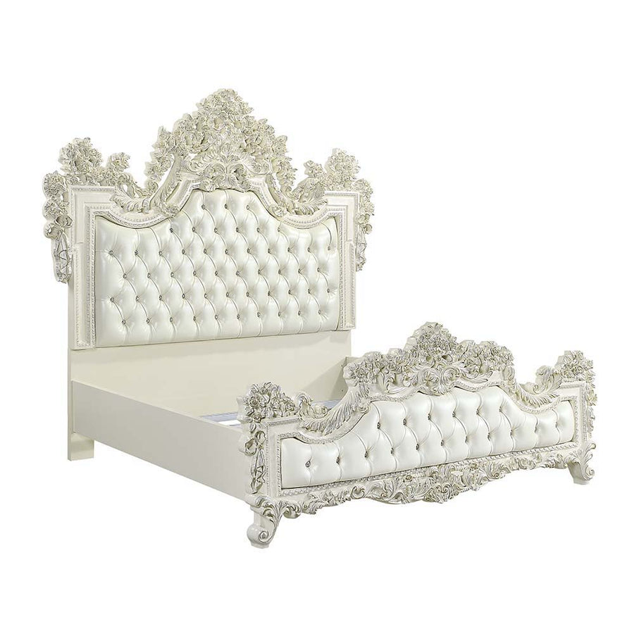 Adara - Eastern King Bed - Pearl White Synthetic Leather & Antique White