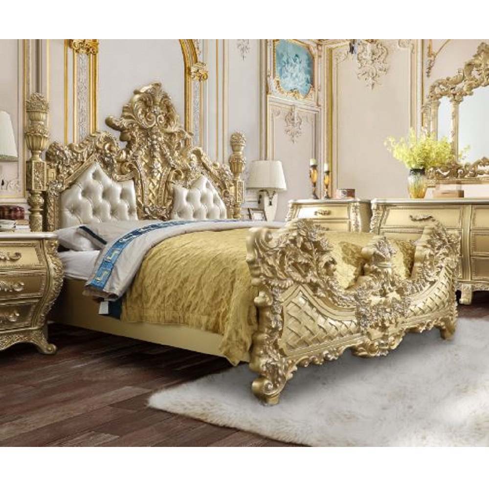 Cabriole - Eastern King Bed - Light Gold Synthetic Leather & Gold