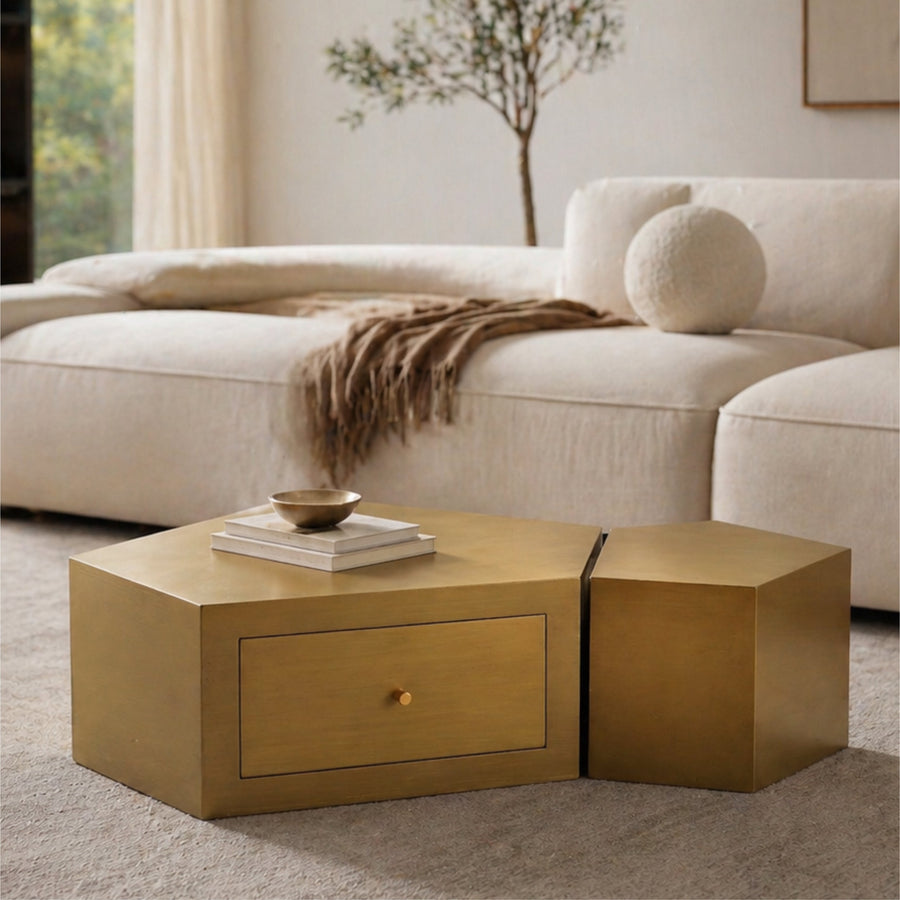 Modern Geometric Coffee Table Set of 2 with Drawer Storage - Brushed Brass