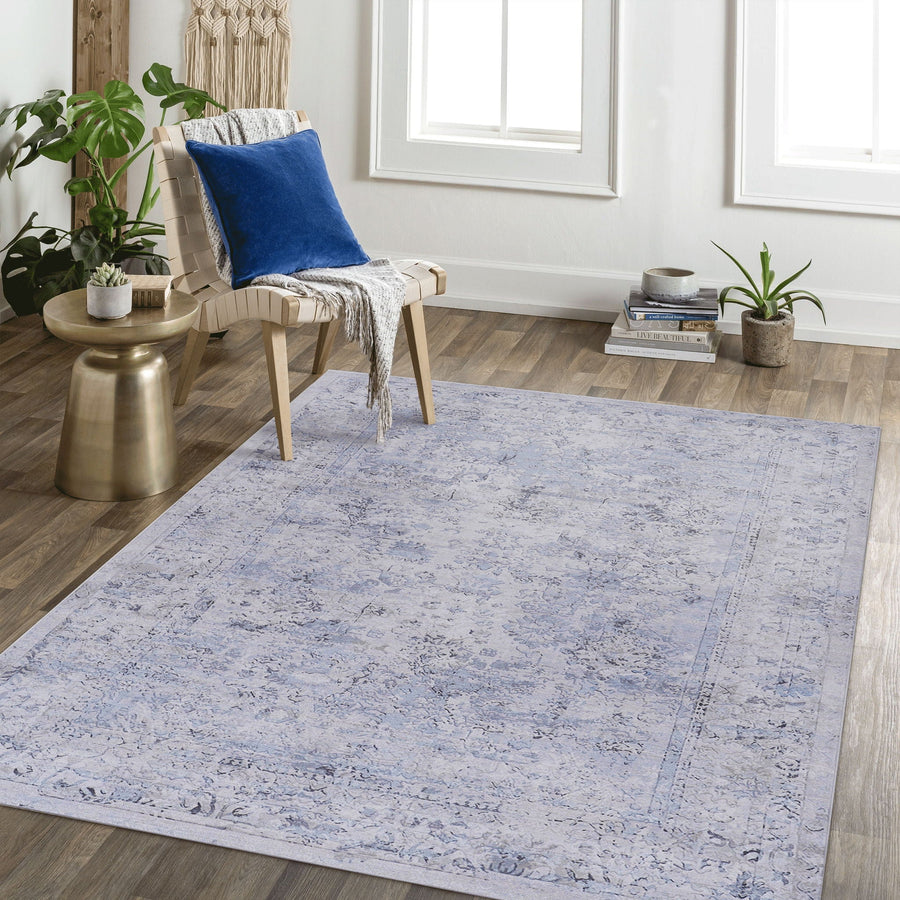 Blue Washable Area Rug with Low Pile - Multiple Sizes