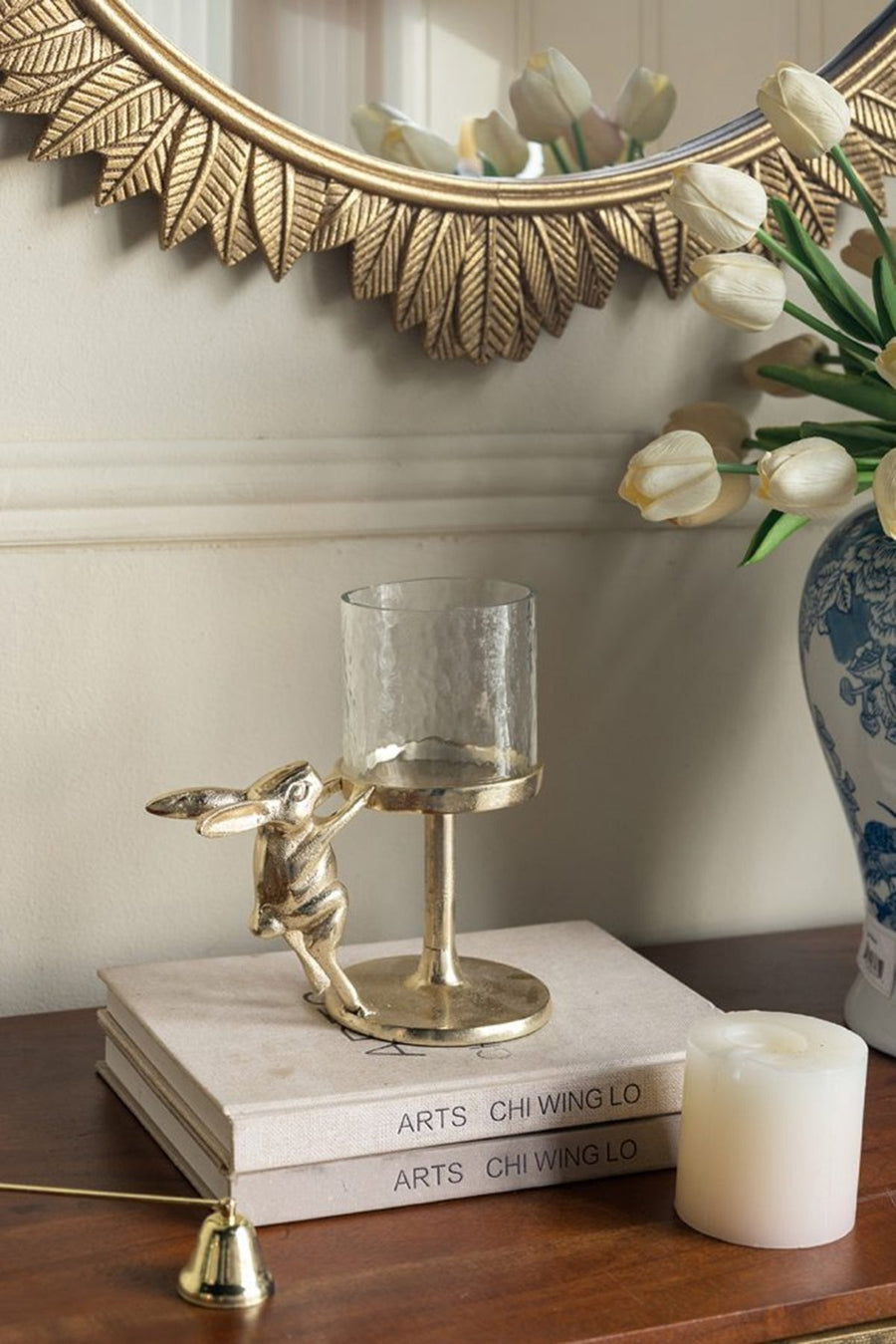 Gold Rabbit Pillar Candle Holder with Clear Glass Hurricane Shade