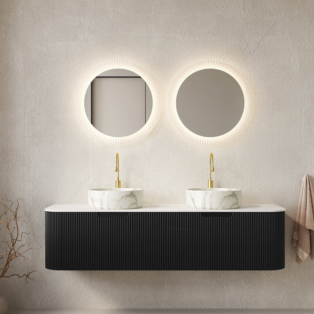 Dina 60" Bathroom Vanity with Sinks and Storage - Black, Carrara White, Stone White or Natural Wood, White