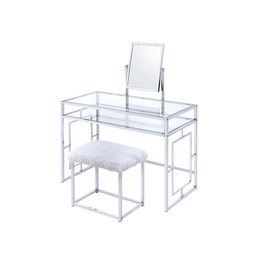 Carenze II - Vanity Set - White Faux Fur & Chrome