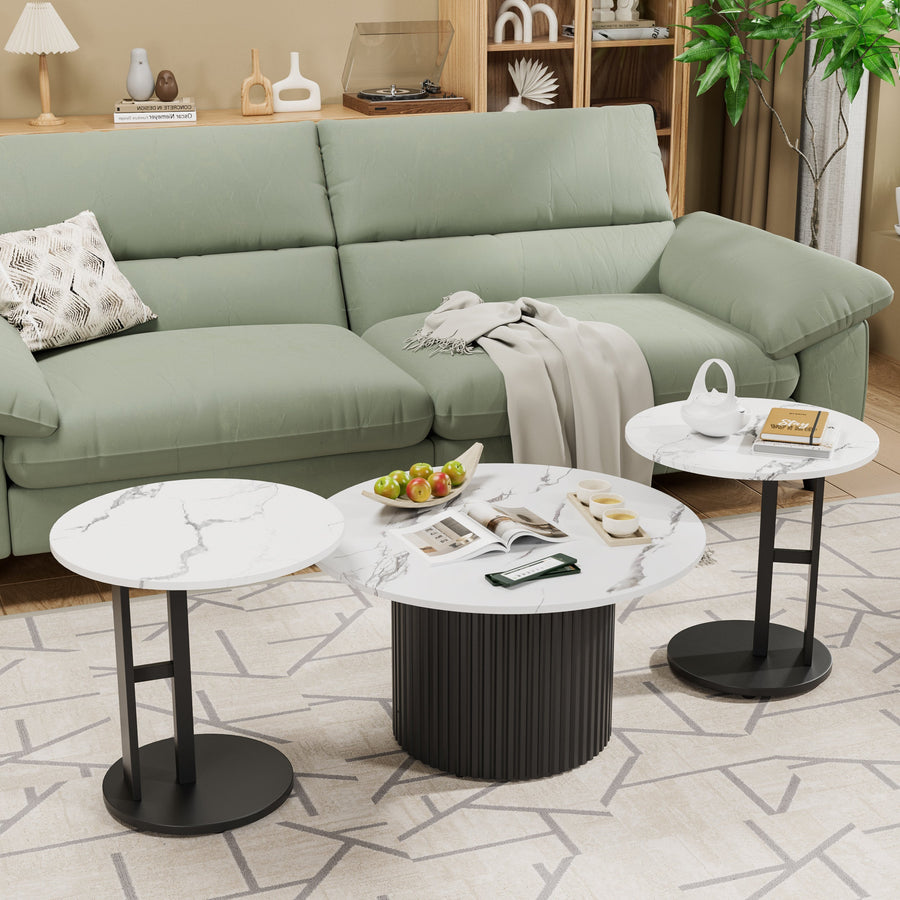 Modern Nesting Coffee Table Set of 3 with Faux Marble Tops - White Faux Marble