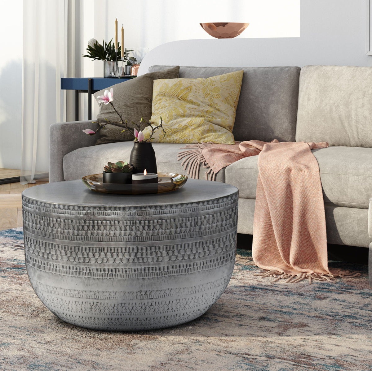 Handcrafted Metal Coffee Table with Textured Detailing - Bronze, Gold, Pearl Silver, or Dark Brown