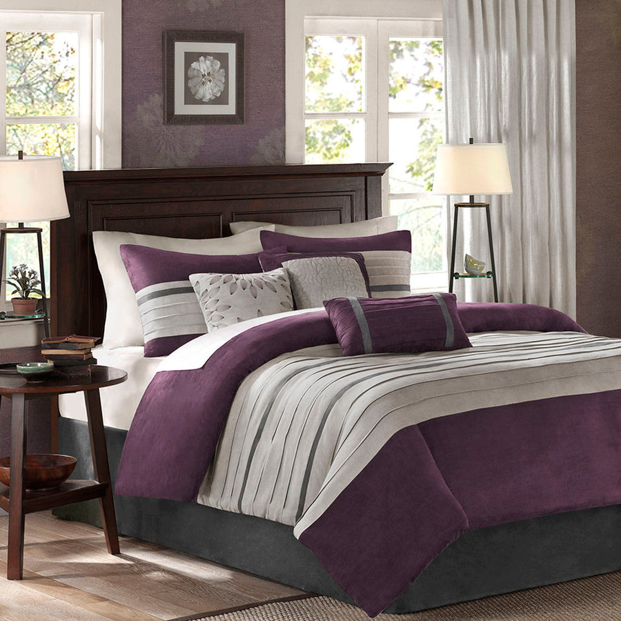 7 Pc Pieced Faux Suede Comforter Set Purple California King