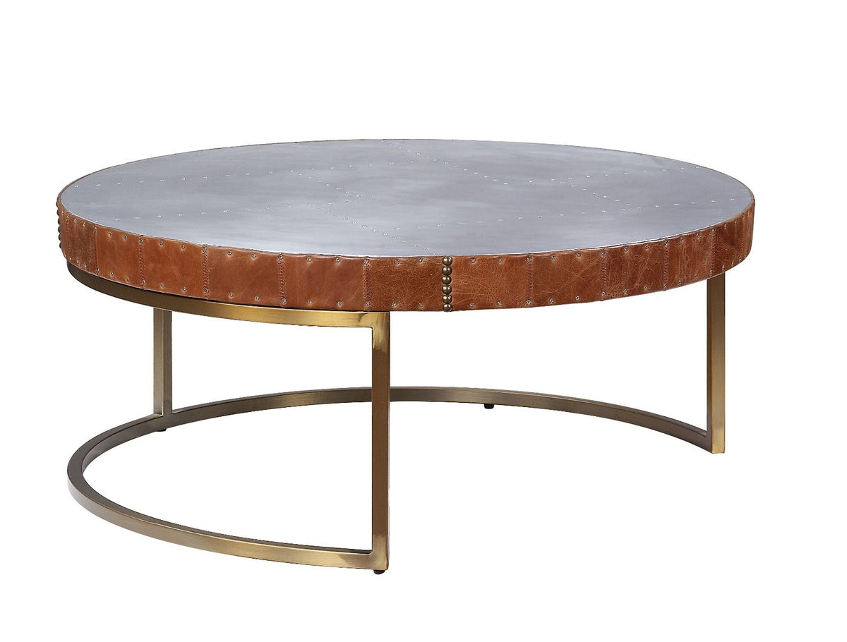 Tamas - 16" Coffee Table - Aluminum & Cocoa Top Grain Leather