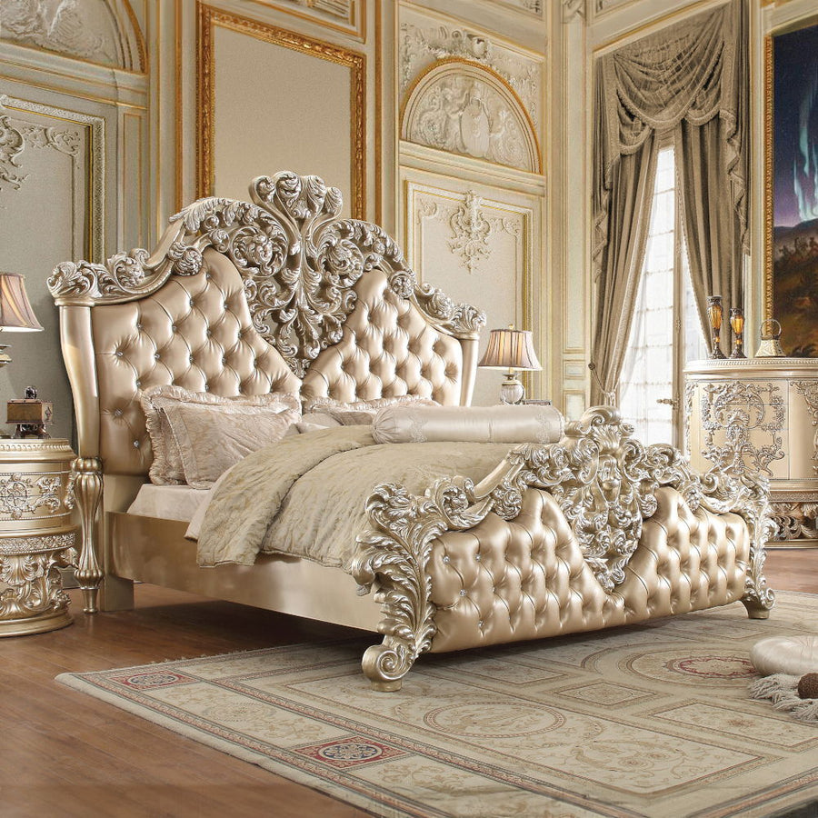 Vatican - Eastern King Bed - Synthetic Leather, Light Gold & Champagne Silver