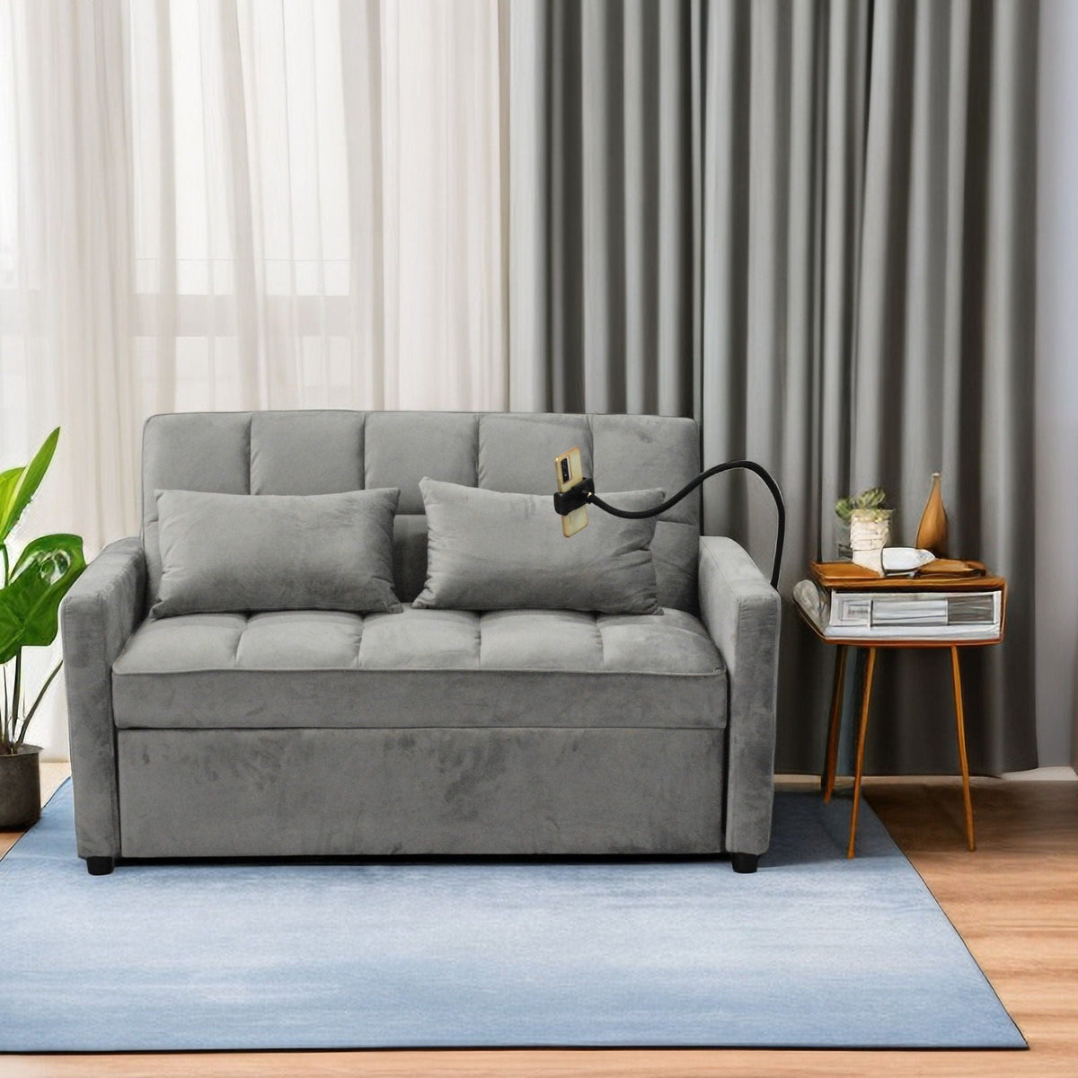 3 In 1 Convertible Sleeper Sofa Bed, Modern Fabric Futon Sofa Couch Pullout Bed, Adjustable Backrest With Three USB Ports, Two Side Pockets, Two Cup Holders And Swivel Phone Holder