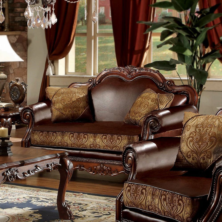 Dresden - Loveseat With 2 Pillows - Brown Synthetic Leather & Chenille, Cherry Oak