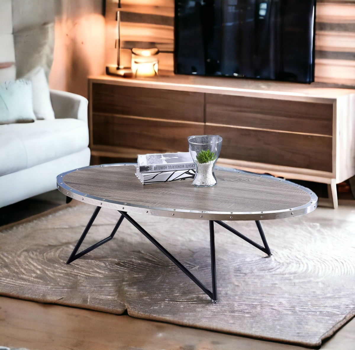 Allis Weathered Oval Coffee Table with Metal Base - Weathered Wood