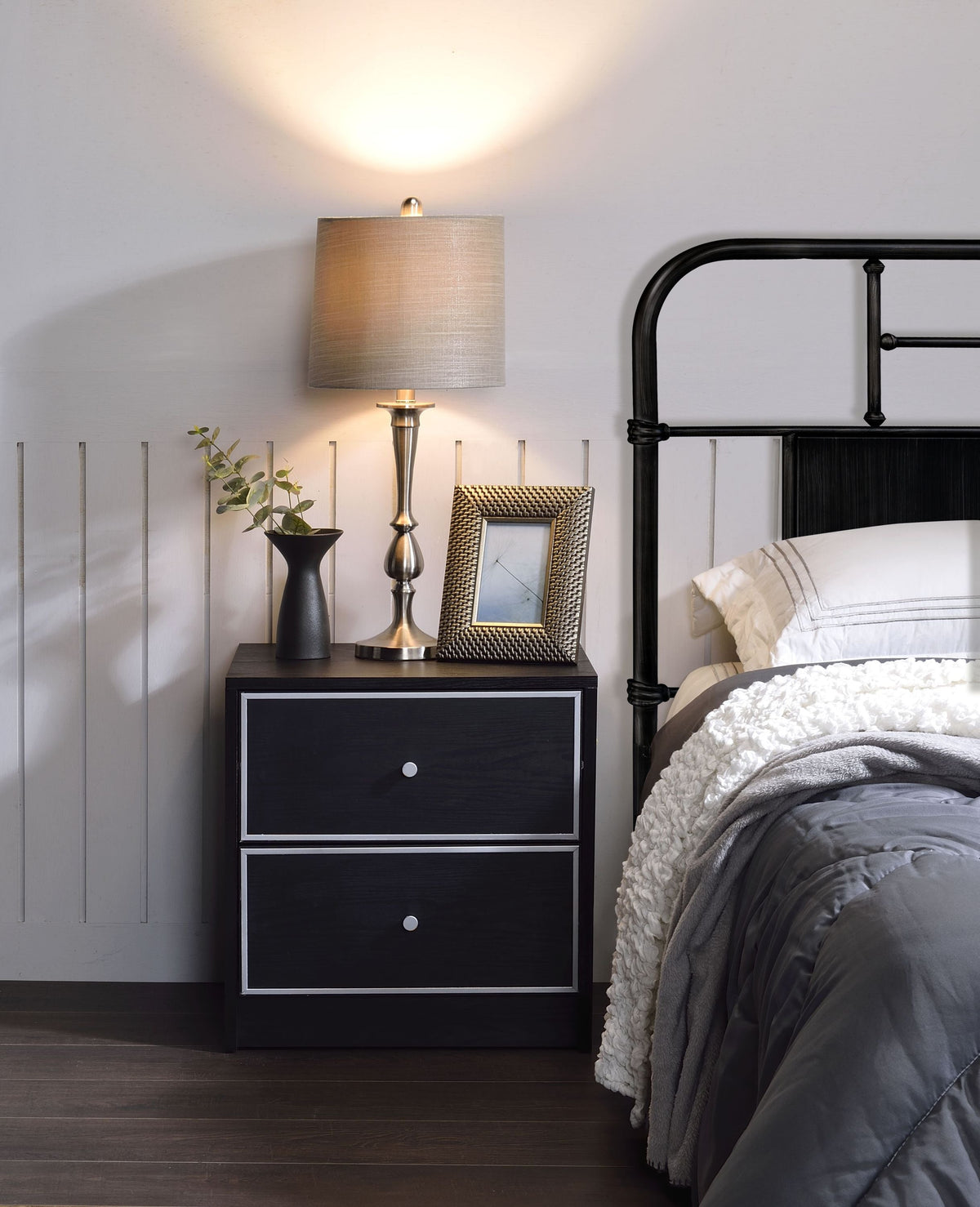 Modern Black Nightstand Table with Two Drawers - Black