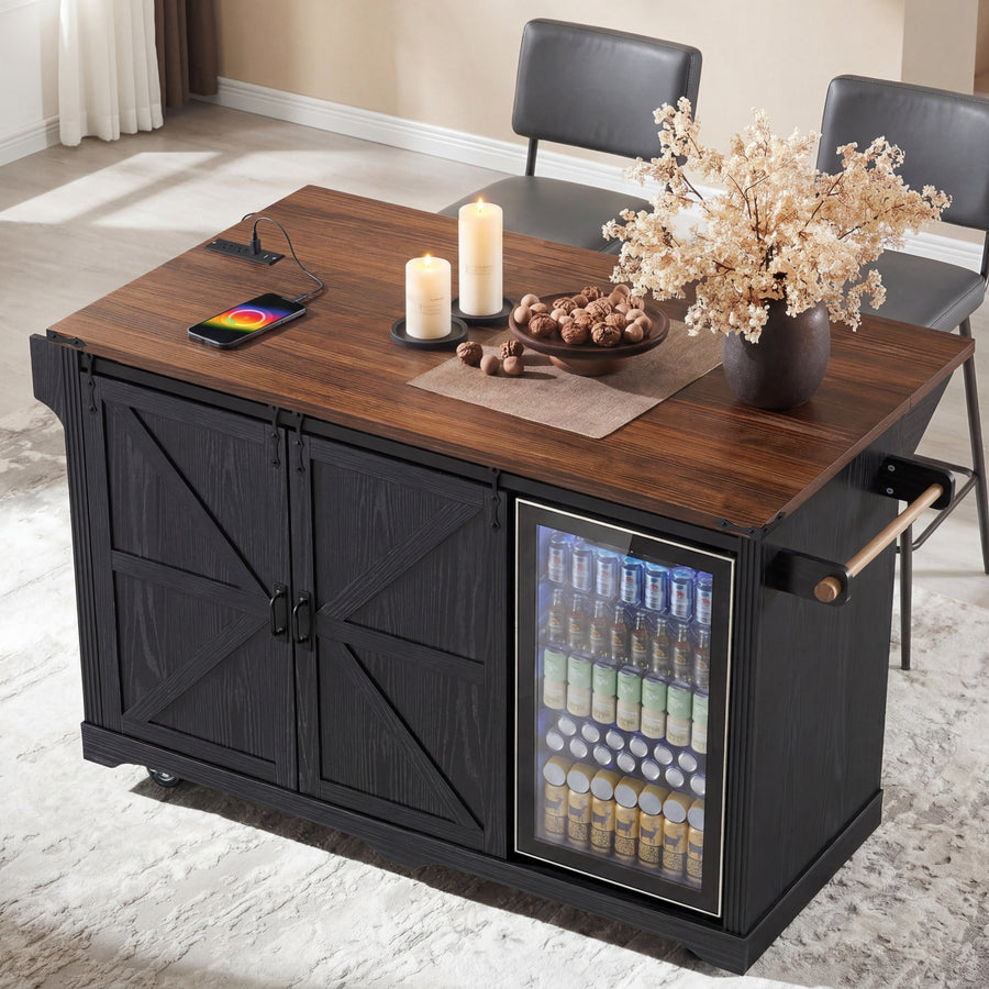 72" Farmhouse Kitchen Island with Fridge Storage & Power Outlet - Black