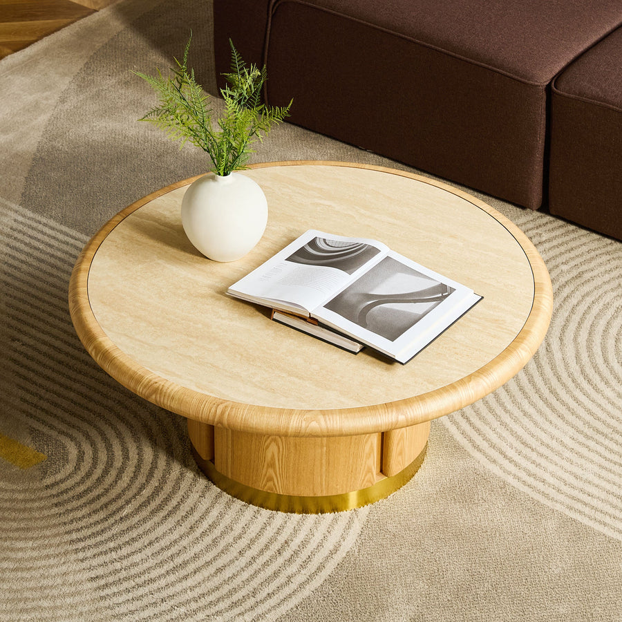 Round Coffee Table with MDF Pedestal and Sintered Stone Top - Natural or Black