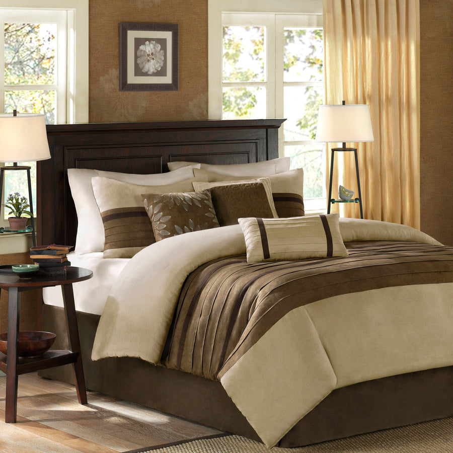 Natural Faux Suede King Comforter Set with Hypoallergenic Fill - 7 Piece