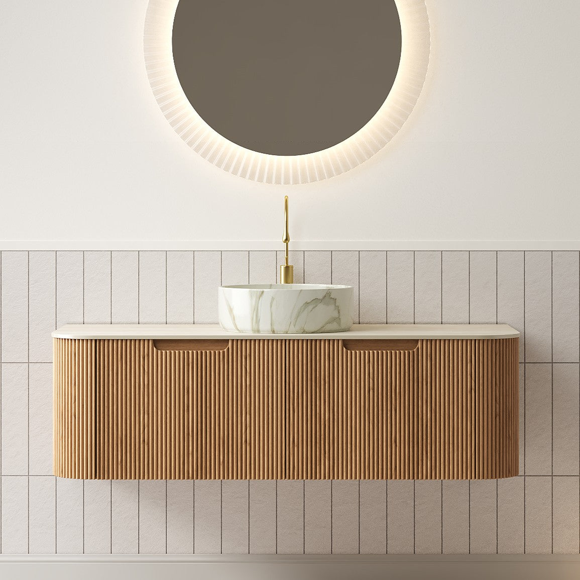 Dina 48" Bathroom Vanity & Sink with Curved Edges - Natural Wood Grain