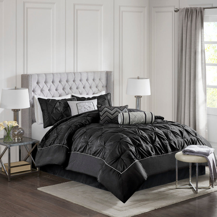 Black 7 Piece Tufted Comforter Set with Embroidered Details - King