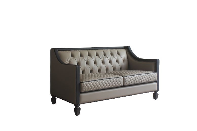 House Beatrice - Loveseat With 3 Pillows - Tan Synthetic Leather , Black Synthetic Leather & Charcoal