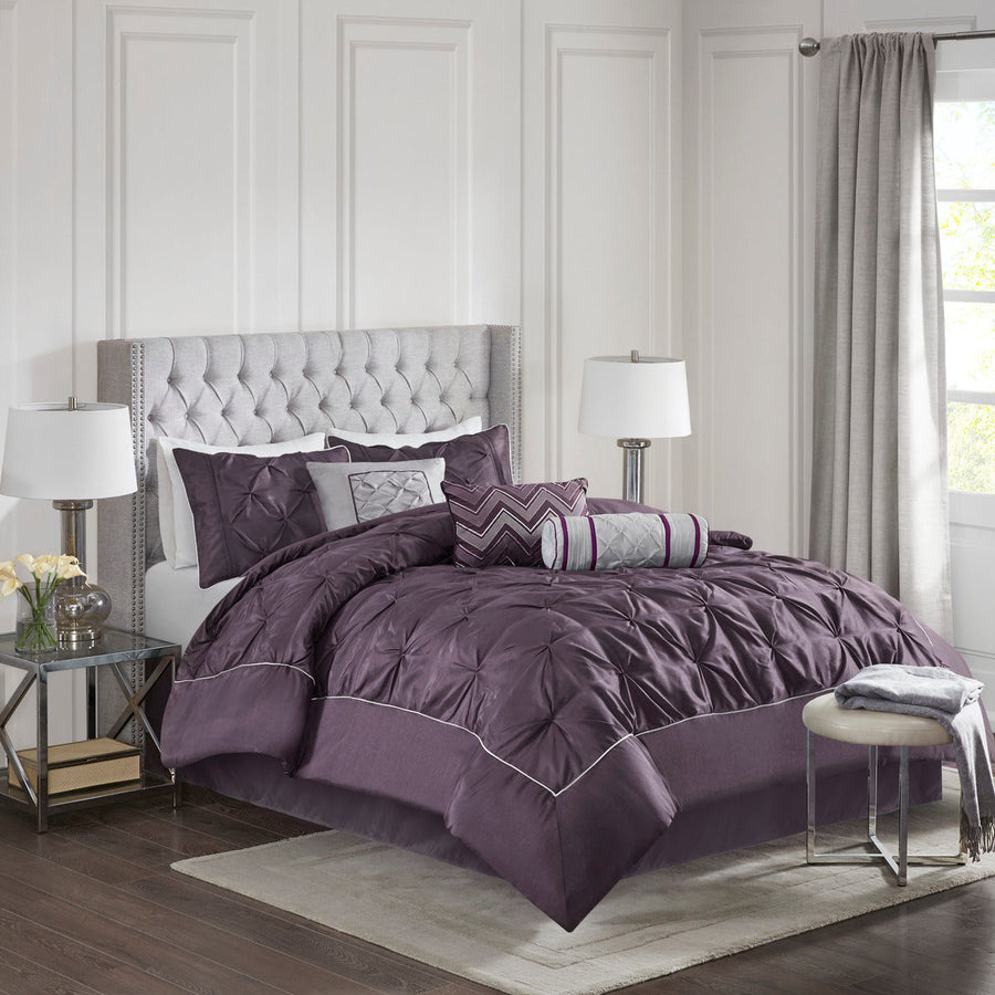 7 Piece Tufted Comforter Set in Plum for King Beds