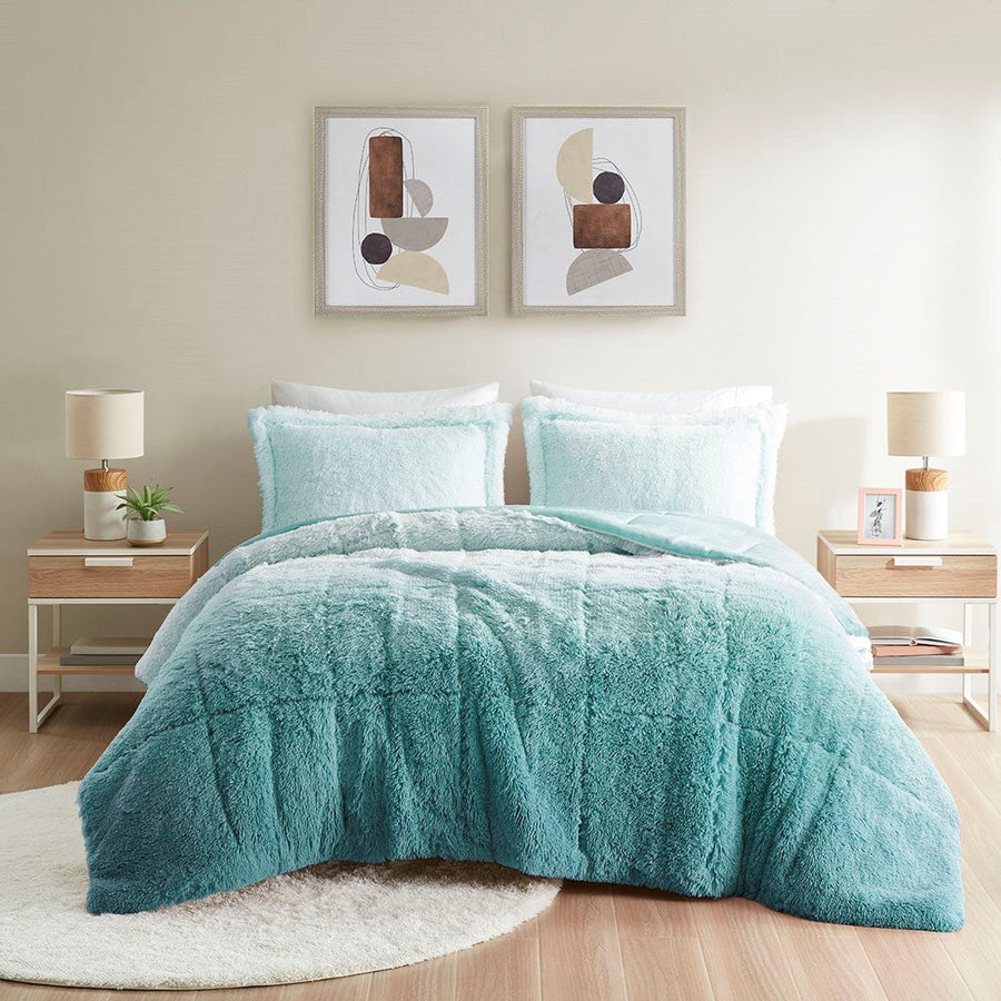Ombre Shaggy Long Fur Comforter Set with Hypoallergenic Filling - Full/Queen